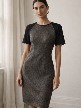 Elie Tahari | Granite Textured Shift Dress Leather Trim Polished Workwear